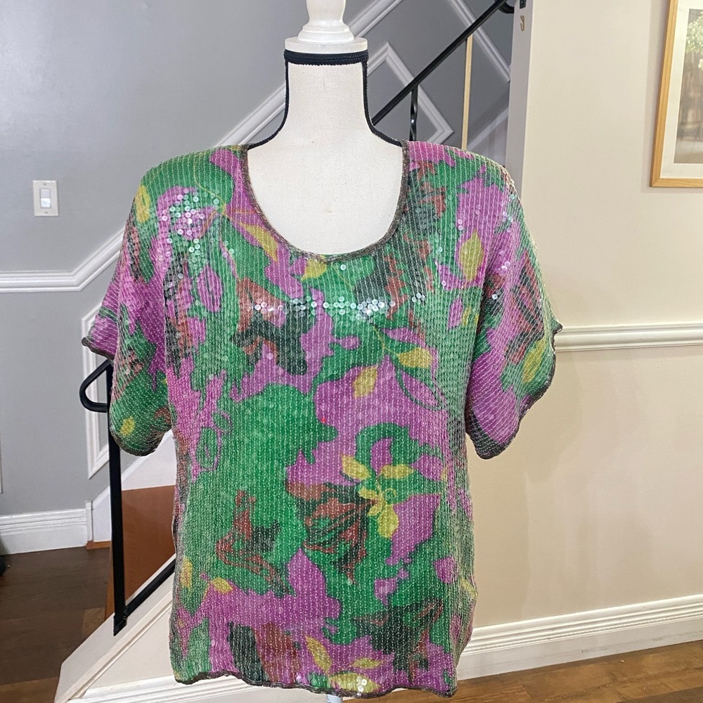 Royal Feelings 100% Silk Sequin Floral Top in Green & Pink